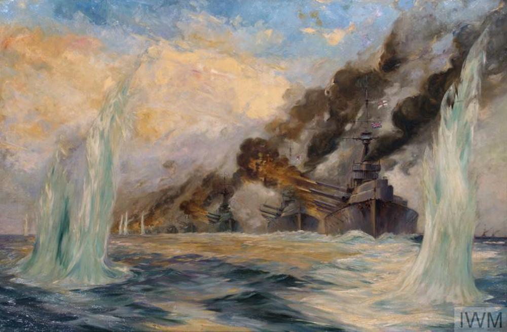 An oil panting showing a line of British warships firing their guns at the battle of Jutland. Plumes of flame  and smoke eminate from the guns. In the foreground, the artist has drawn great splashes where shells have hit the water.
