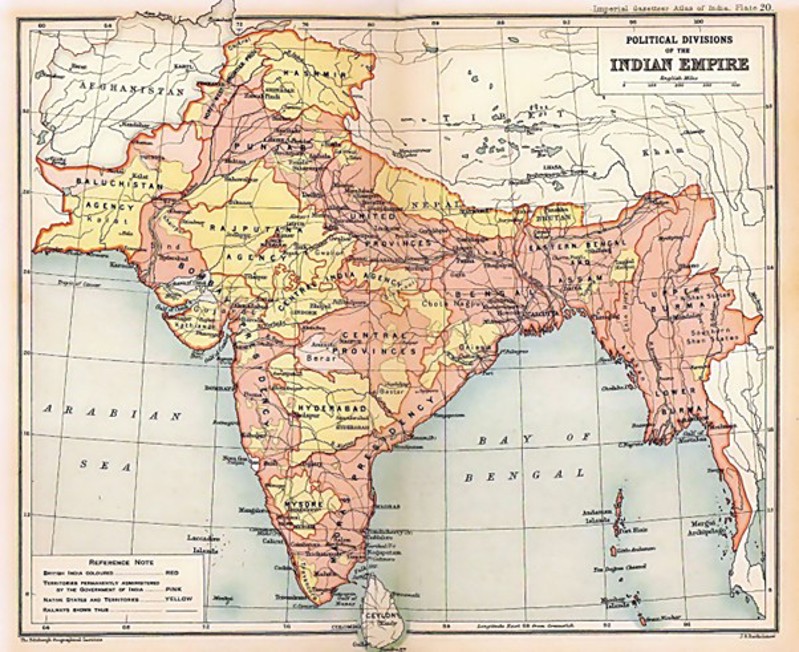 First World War era map of British India. The territory has been coloured in in various shades of orange, pink, and yellow.