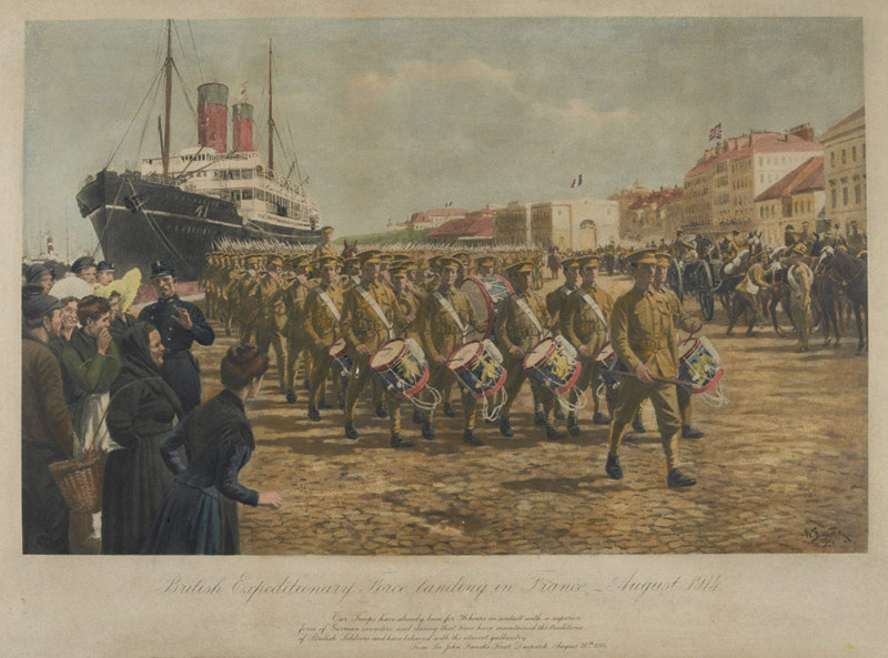 Illustration of the British Expeditionary France disembarking from a steam ship on a French Quayside.