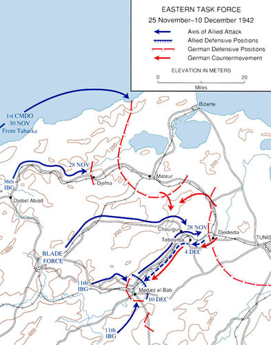 Map displaying Allied and German movements during the Run for Tunis.