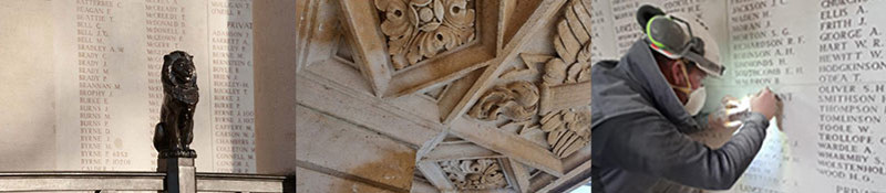 Three panel image. The first panel shows a bronze lion sculpture in front of the name panels at the Menin Gate. The Second shows wear and damage to a cornice on the Menin Gate ceiling. The third is a mason repairing lettering in a Menin Gate name panel