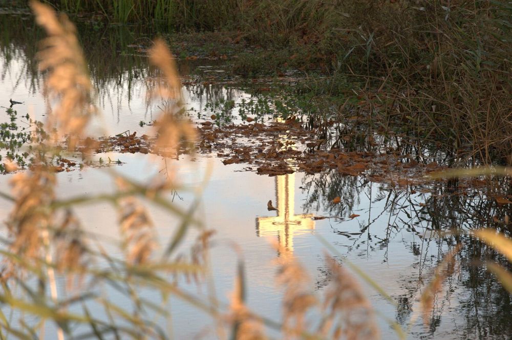 Cross of Sacrifice at Bedford House Cemetery reflected in the cemetery moat.