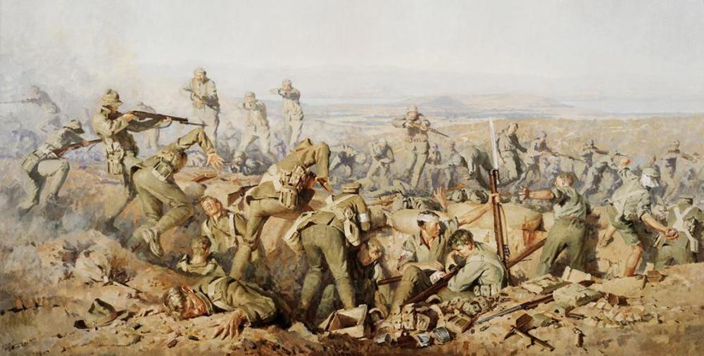 Men of the Wellington Brigade in close quarters combat with Ottoman soldiers atop Chunuk Bair at Gallipoli in August 1916.