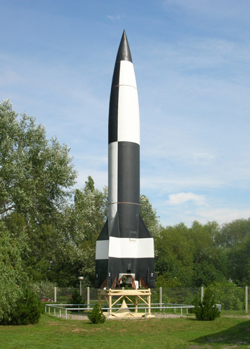 V-2 Rocket decorated in a black and white checkerboard panel.