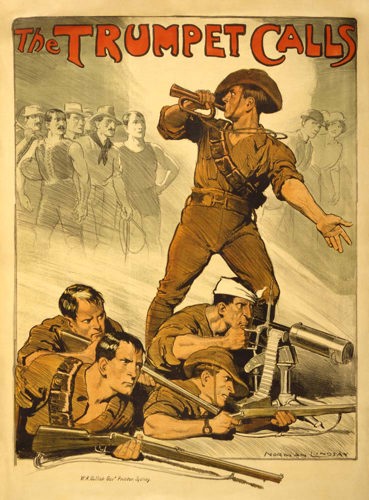 A Great War-era Australian recruitment poster showing a military bugler standing behind a machine gun team.