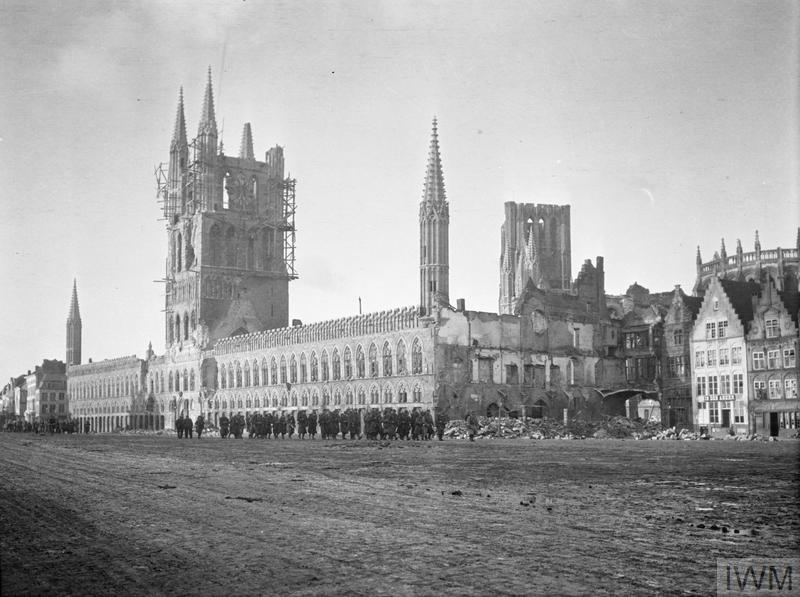 Ypres Cloth Hall in ruins after sustaining massive artillery damage during the First Battle of Ypres.