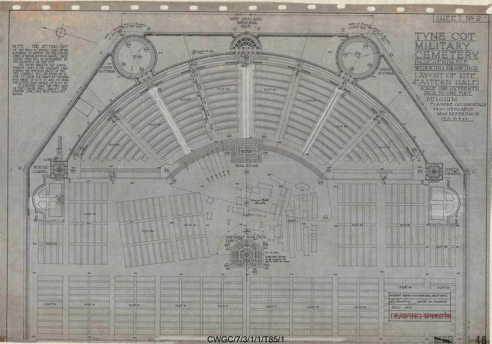 Overhead view of the top half of Tyne Cot Cemetery showing burial plots and memorial locations.