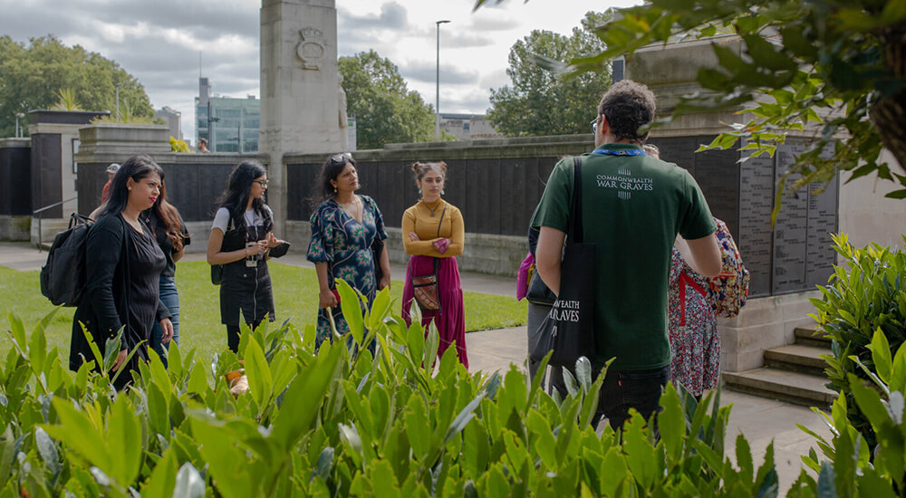 CWGC Public Engagement Coordinator giving a talk at the Tower Hill Memorial.