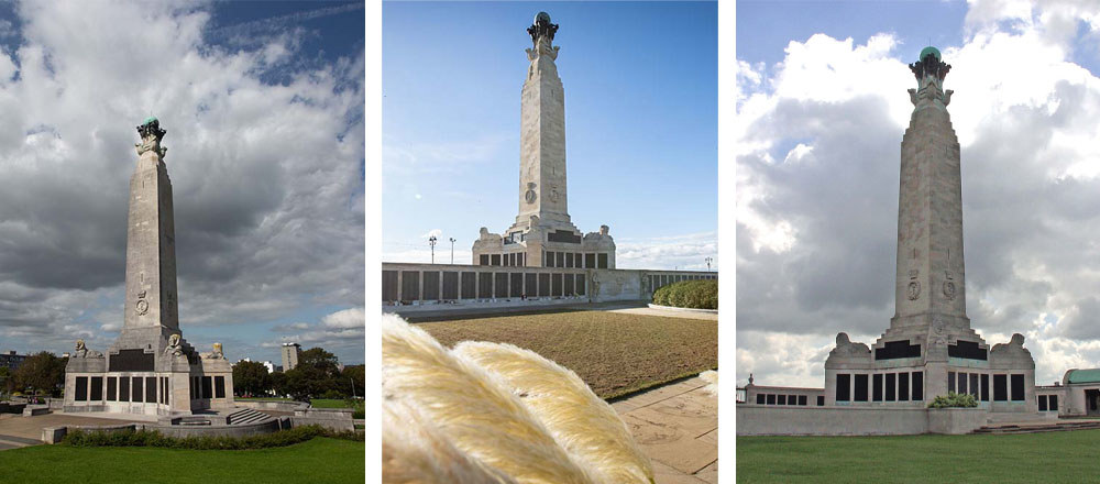 Collage of CWGC naval memorials at Plymouth, Portsmouth, and Chatham.