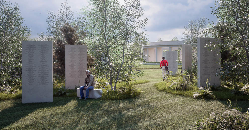 Graphics showing new Brookwood 1914-1918 memorial steles set amid scrub, bushes, and lawn.