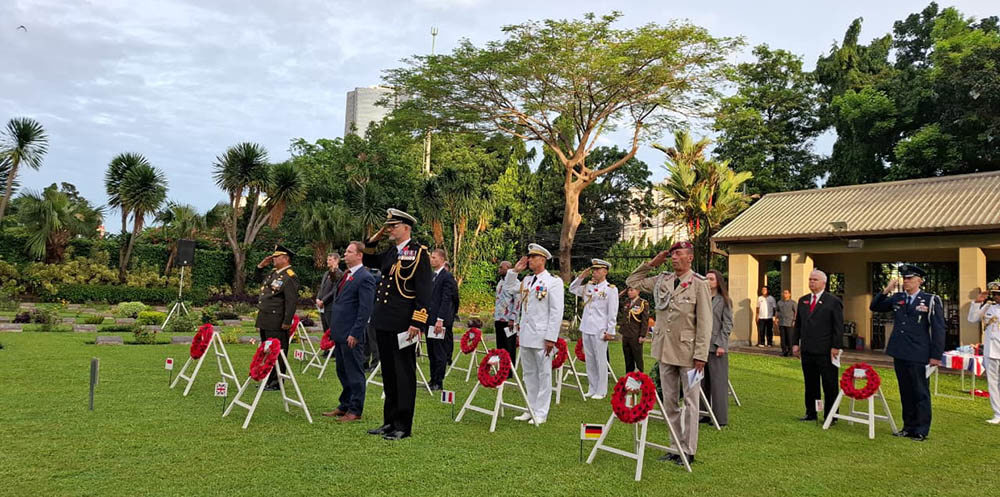 Dignatries and members of the Armed Forces take the salute behind poppy wreaths on stands for Remembrance.