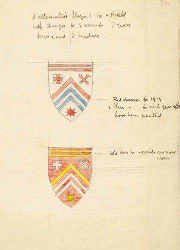 Colour pencil drawings of the heraldic style CWGC headstones proposed by Herbert Baker. They resemble a medieval knight's shield with different heraldic devices present, including stripes, crosses, and chevrons.