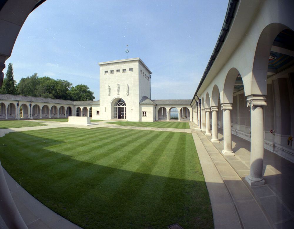 Cenral courtyard and tower with Stone of Remembrance at the Runnymede Memorial.