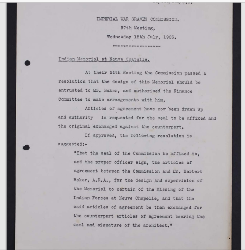 IWGC Agreement between the COmmission and Sir Herbert Baker for the design of the Neuve Chappelle Memorial