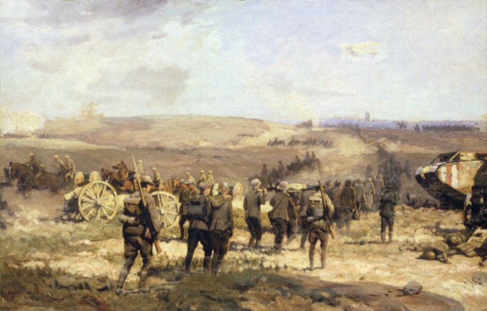 Painting depicting a column of First World War German prisoners being marched along past Allied tanks and artillery pieces. The palette is muted ochres, greys and browns with pale blues used to paint the sky.