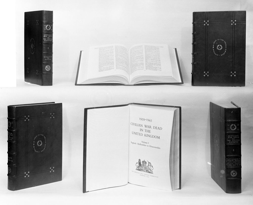 Black and white photo of outer covers and interior text of a copy of the Civilian War Dead Roll of Honour.