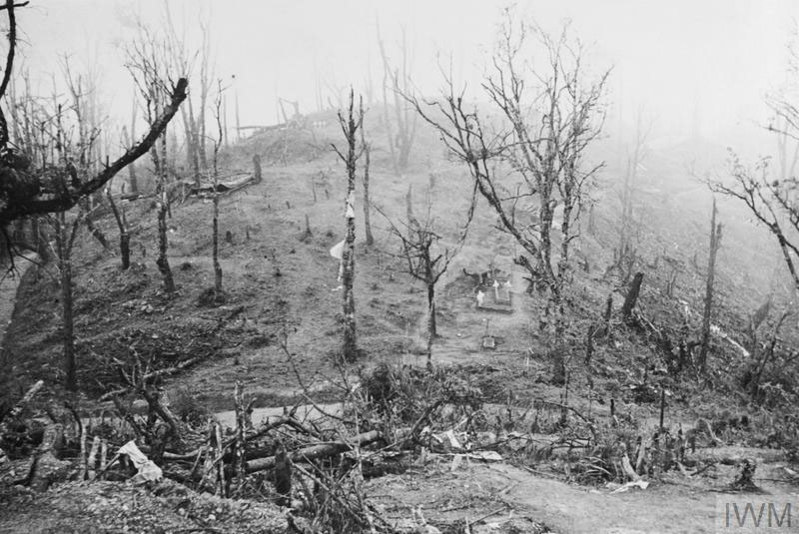 The devastated landscape of Garrison Hill after the Battle of Kohima. Trees are broken and stripped of foliage while the ground is pitted with shell holes.