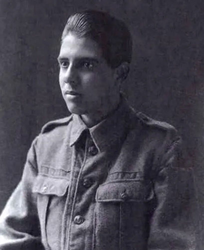 Black and white portrait of Albert Mendez in his military uniform.