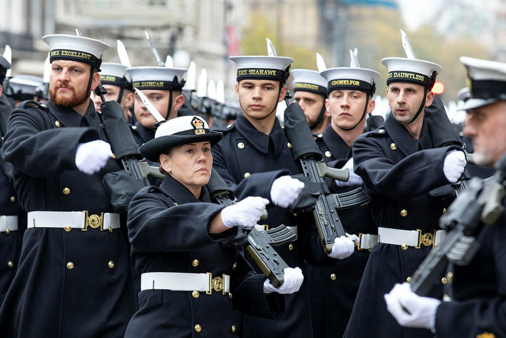 Royal Navy personnel march past the Cenotaph during Remembrance Sunday ceremonies