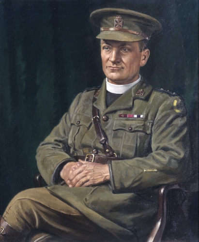 Portrait painting of Rev. Theodore Hardy depciting the military chaplain sat in a chair with arms in his lap wearing his military uniform.