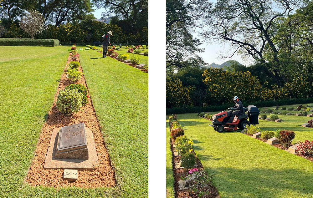 Image left to rirght shows a worker dealing with plant borders with a close up of a row of grave markers set in coconut chips; to the right, a CWGC gardener on a ride-on lawnmower trims the lawn at Chungkai War Cemetery