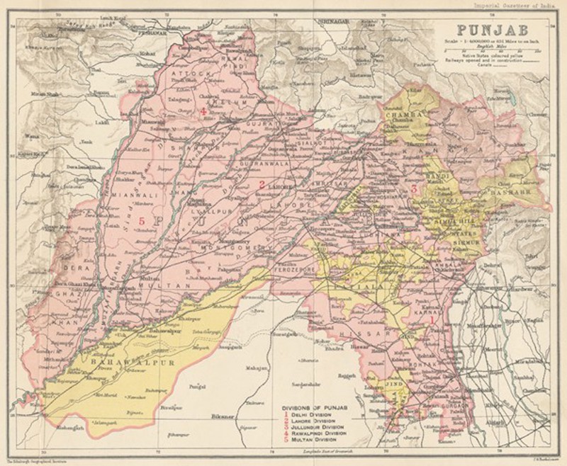 First World War era map of the Punjab region of undivided India. The territory is highlighted in pink with several districts and provinces highlighted yellow.