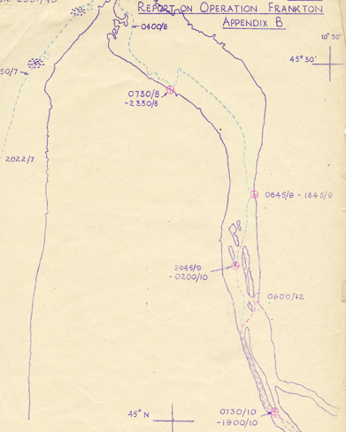 Hand drawn map of the routes taken by kayaks Crayfish and Catfish during Operation Frankton.