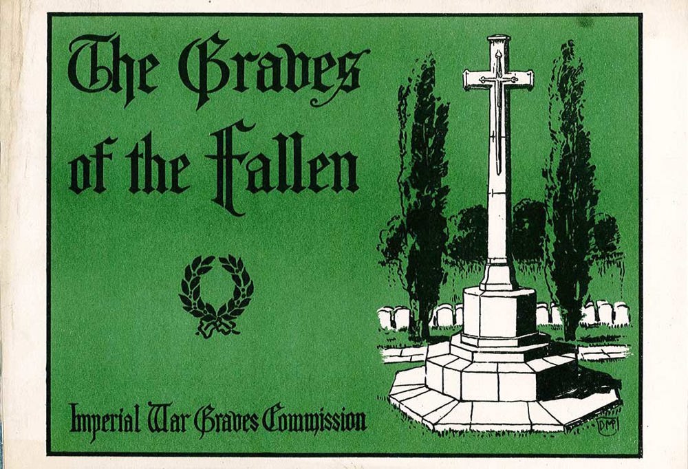 Front cover of "Graves of the Fallen" illustrated pamphlet. It features black gothic lettering set against a green background with a white illustrated CWGC Cross of Sacrifice.