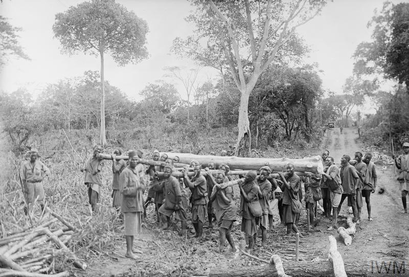 Black African labourers lift a fallen tree out of a road.