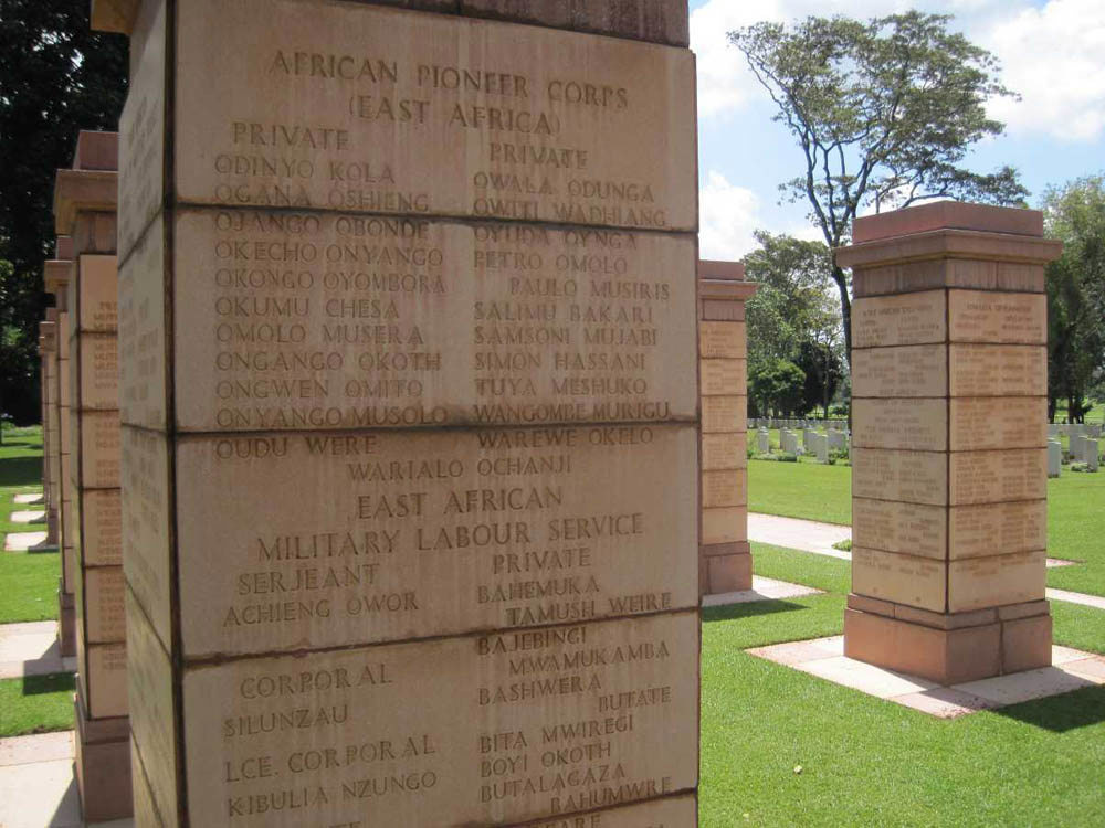 Close up of one of the East Africa Memorial's name panels, showing names of African Labour Corps names.