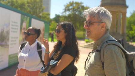 Koleka Putuma (left) and Daljit Nagra (right) visiting the site of the new Cape Town Labour Corps Memorial with Environmental Consultant Sadia Chand (centre)