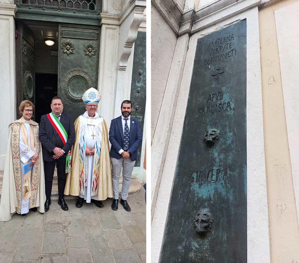 Left to right: Bishops and dignatries pose outside St George's Anglican Church,  Venice; right shows a close up of one of the bronze panels listing locations of CWGC cemeteries in the Venezo region.