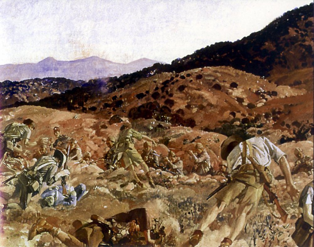 Painting showing the infantry charge of the 3rd Australian Light Horse Brigade at the Battle of the Nek. Ottoman troops in a low trench in front of a row of bumpy hills and peaks fire rifles into attacking Australian infantry. The Aussies are being cut down by close quarters rifle fire.