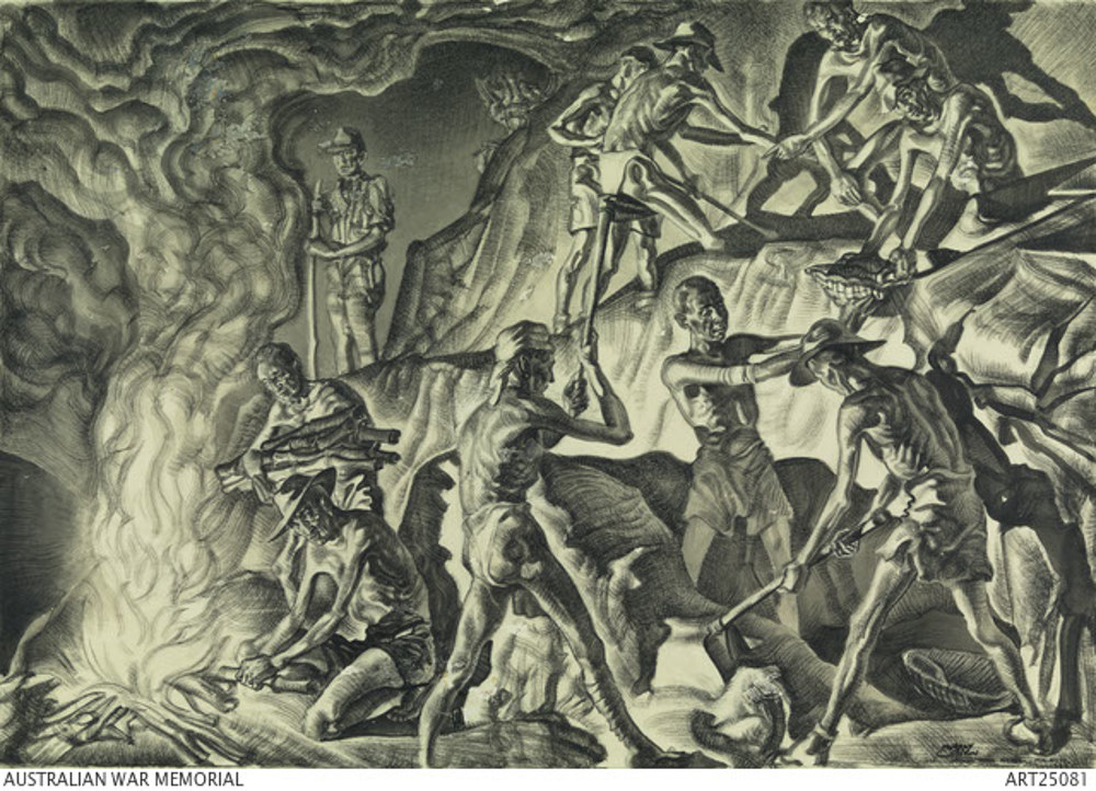 Sepia tinged painting shows malnourished, stripped Australian Prisoners of War carving a railway cutting using simple tools. The men are either very lean or close to skeletal with ribs visible under thin, stretched skin. Two PoWs tend to a fire which sends plumes of black smoke over the scene. A Japanese soldier stands guard on a rocky outcrop while the prisoners toil away.
