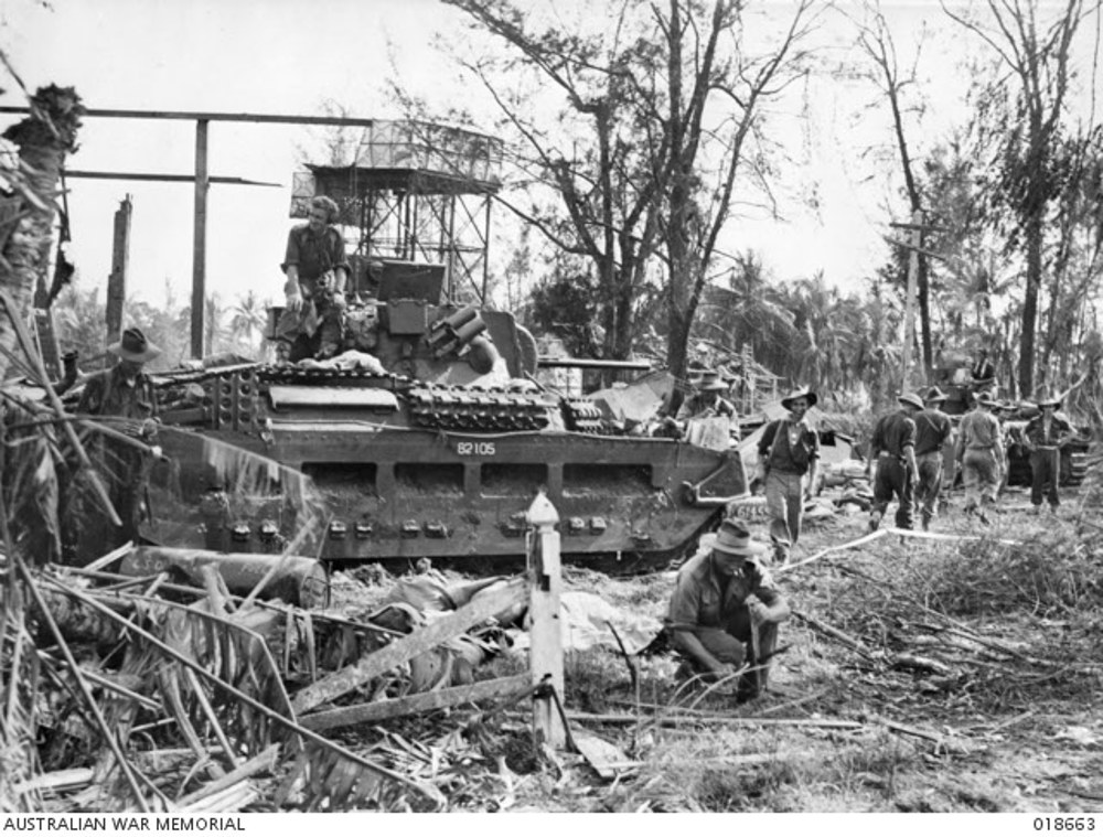 Matilda II tank & troops of the Australian 9th Division near Victoria, Labuan.