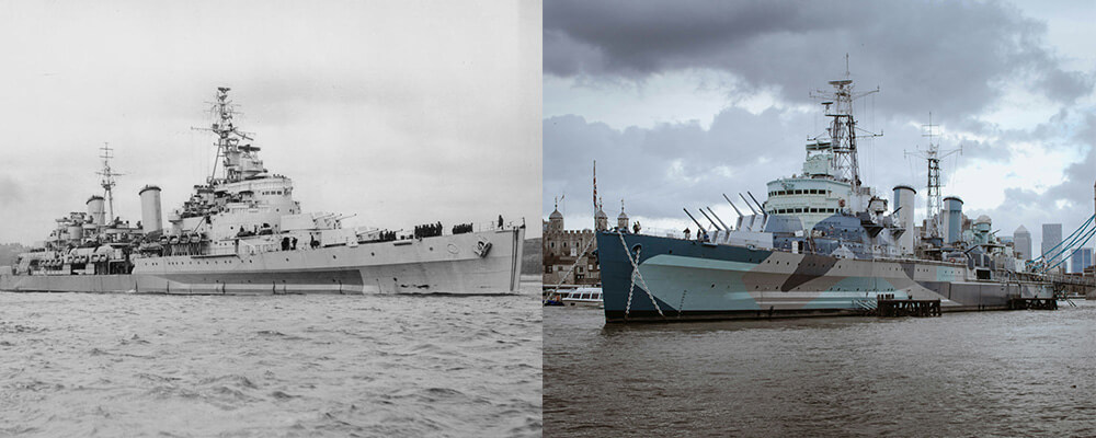 HMS Belfast 1945 and today