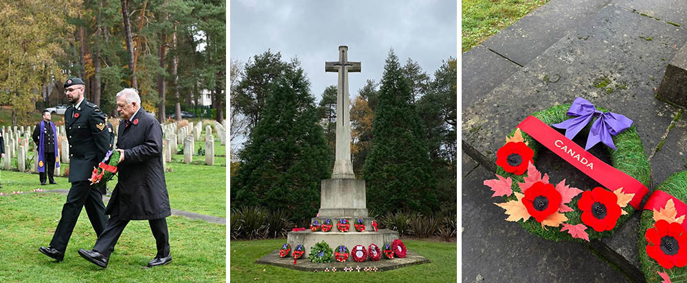 From left to right: Two men, one in a dark suit, the other in military uniform, approaching a memorial with a poppy wreath; CWGC Cross of Sacrifice at Brookwood Military Cemetery with poppy wreathes laid at the base; close up of a wreath decorated with three red poppies on autumnal maple leaves topped with a purple bow and a ribbon reading "Canada".