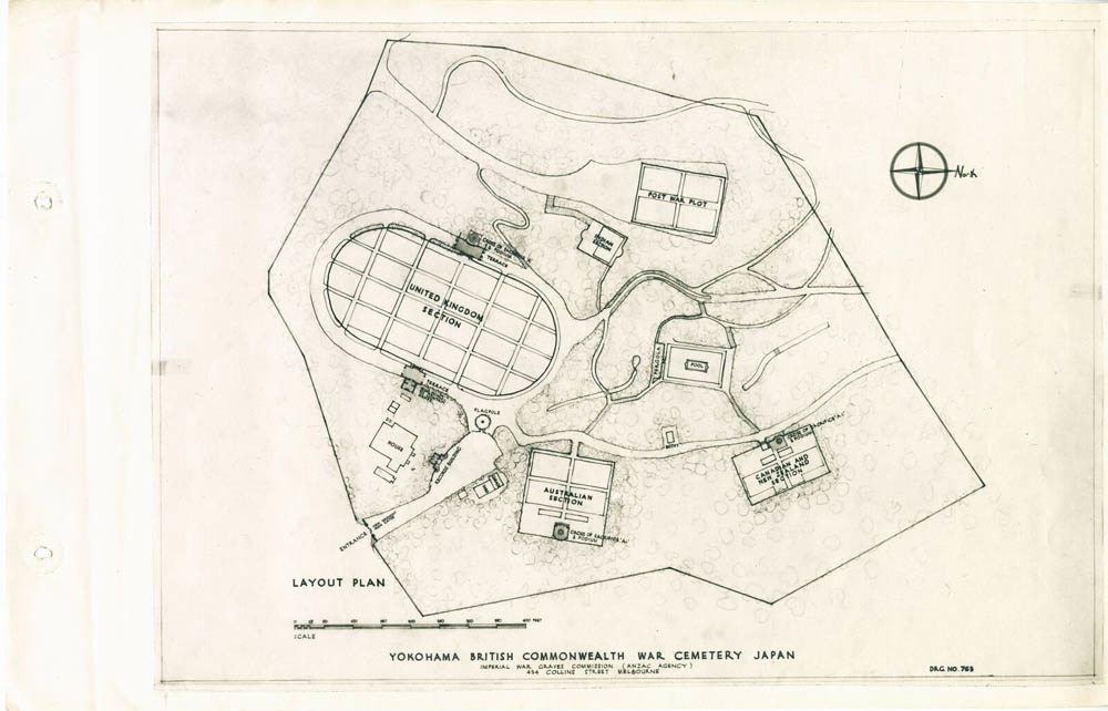 Overhead hand-drawn map of the Yokohama War Cemetery showing paths, war grave plots and maintenance facilities.