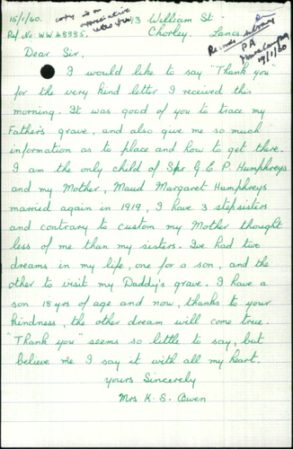 A letter of thanks written to the Imperial War Graves Commission thanking them on information regarding a casualty's burial information.