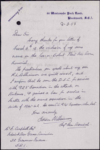 Letters regarding the addition of a Bar to Lt. Williamson’s Distinguished Service Cross entry on the Lee-on-Solent Memorial