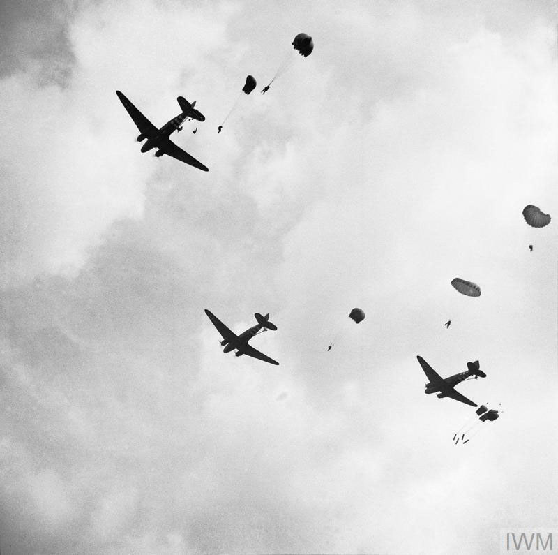 Paratroopers jump from their transport aircraft over Arnhem on Operation Market Garden.