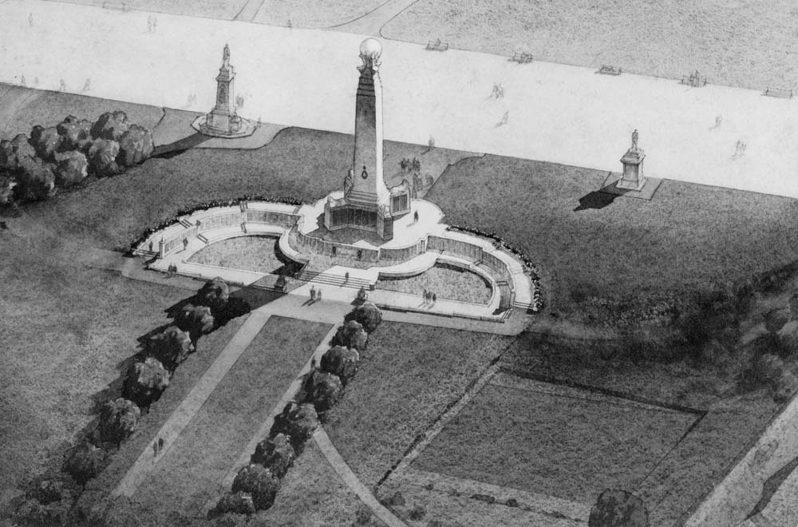 Black and white drawing of the Plymouth Naval Memorial at top Plymouth Hoe