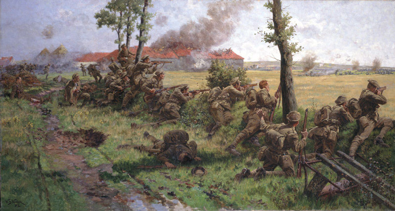 Oil painting showing soldiers of the BEF holding a hedgerow against the German army during the Battle of Mons. A farm house smokes in the background.