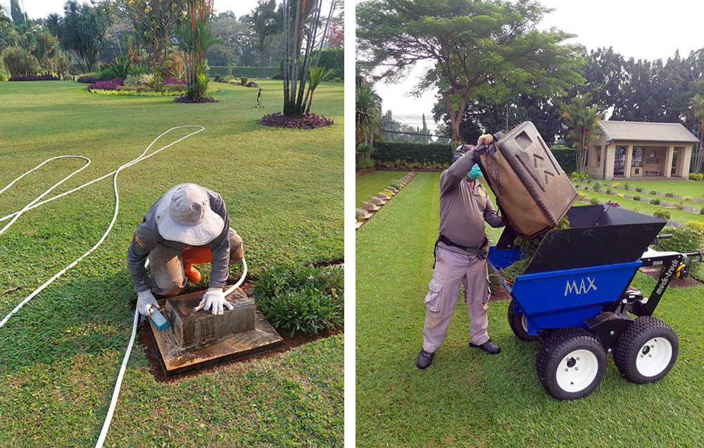 Left to right: A CWGC gardener cleans a bronze headstone plaque with a hose and water.; right: a CWGC worker pours mulch from a large brown container into a blue composting trolley.