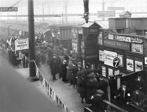 Queues of people waiting to see an ambulance train at Liverpool Station.